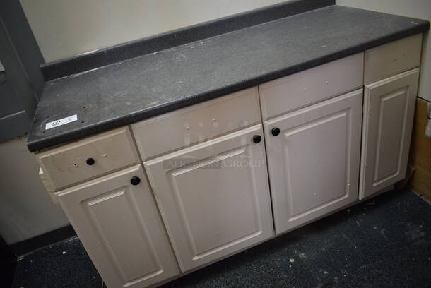 White Counter w/ Gray Countertop and 4 Doors. Includes Contents! 60.5x25.5x39. BUYER MUST REMOVE - Image 4 of 7