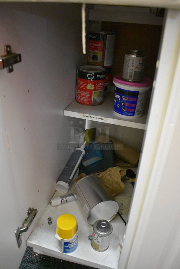 White Counter w/ Gray Countertop and 4 Doors. Includes Contents! 60.5x25.5x39. BUYER MUST REMOVE - Image 5 of 7