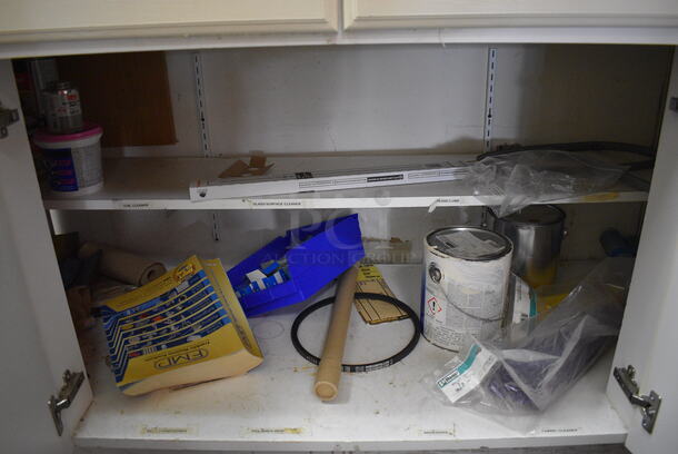 White Counter w/ Gray Countertop and 4 Doors. Includes Contents! 60.5x25.5x39. BUYER MUST REMOVE - Image 6 of 7