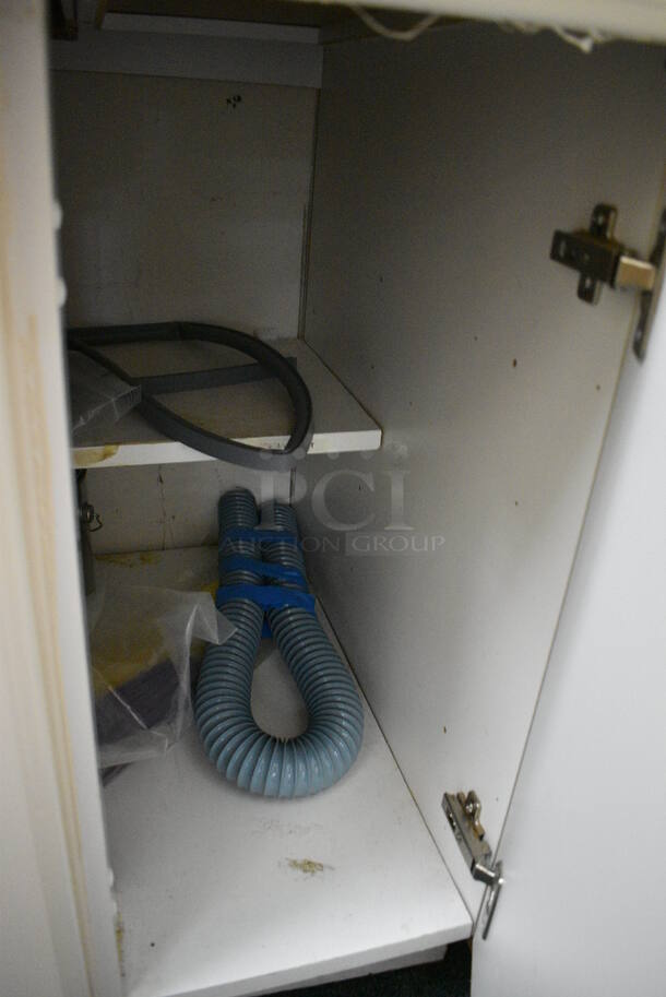 White Counter w/ Gray Countertop and 4 Doors. Includes Contents! 60.5x25.5x39. BUYER MUST REMOVE - Image 7 of 7