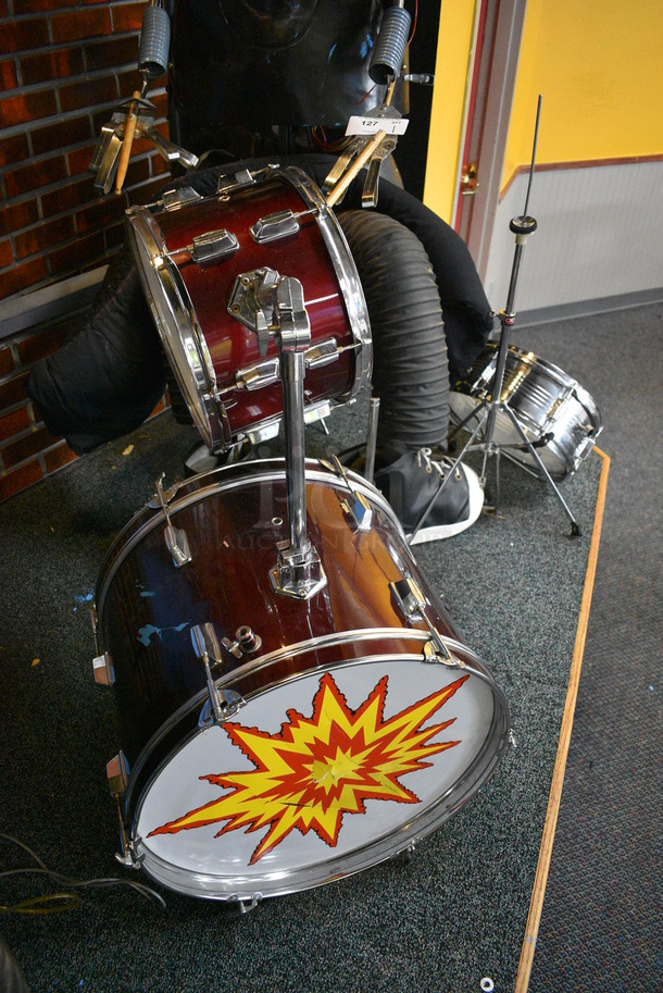 Metal Animatronic Band Member w/ Mustache, 2 Black Shoes and Fake Drum Set. 28x30x68, 21x33x35. BUYER MUST REMOVE - Image 2 of 11