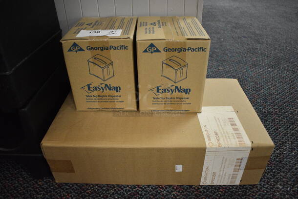 3 BRAND NEW IN BOX! Items; 2 Georgia Pacific Easy Nap Napkin Dispensers and Brighton Jumbo Double Roll Toilet Paper Dispenser. 7.5x6.5x8, 21x6x12. 3 Times Your Bid!