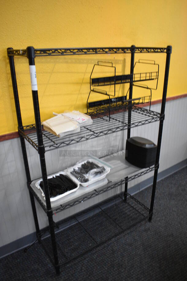 Black Finish 4 Tier Metro Style Shelving Unit w/ Contents. 36x14x55. BUYER MUST DISMANTLE. PCI CANNOT  DISMANTLE FOR SHIPPING. PLEASE CONSIDER FREIGHT CHARGES. - Image 2 of 5