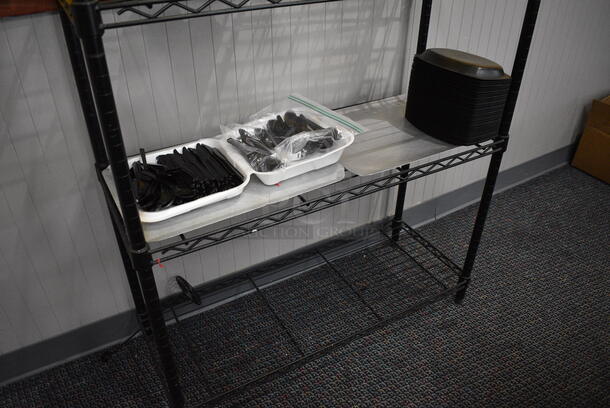 Black Finish 4 Tier Metro Style Shelving Unit w/ Contents. 36x14x55. BUYER MUST DISMANTLE. PCI CANNOT  DISMANTLE FOR SHIPPING. PLEASE CONSIDER FREIGHT CHARGES. - Image 4 of 5