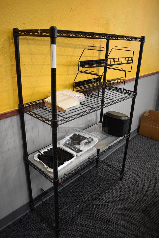 Black Finish 4 Tier Metro Style Shelving Unit w/ Contents. 36x14x55. BUYER MUST DISMANTLE. PCI CANNOT  DISMANTLE FOR SHIPPING. PLEASE CONSIDER FREIGHT CHARGES. - Image 5 of 5