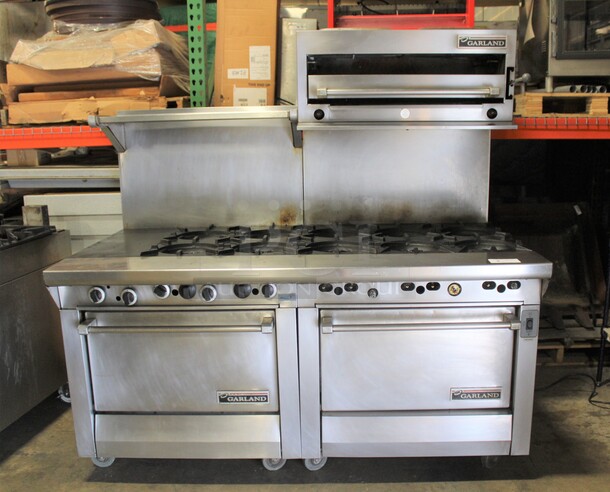 AMAZING! Garland Model M43RC Commercial Stainless Steel Natural Gas 10 Burner Range With Double Ovens (1 CONVECTION), And Salamander/Broiler/Cheese Melter  On Commercial Casters. 68x34x68 