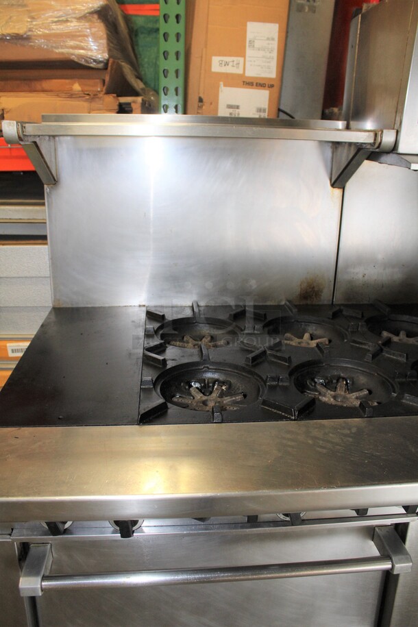 AMAZING! Garland Model M43RC Commercial Stainless Steel Natural Gas 10 Burner Range With Double Ovens (1 CONVECTION), And Salamander/Broiler/Cheese Melter  On Commercial Casters. 68x34x68  - Image 3 of 11