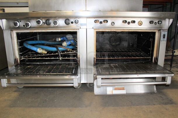 AMAZING! Garland Model M43RC Commercial Stainless Steel Natural Gas 10 Burner Range With Double Ovens (1 CONVECTION), And Salamander/Broiler/Cheese Melter  On Commercial Casters. 68x34x68  - Image 4 of 11