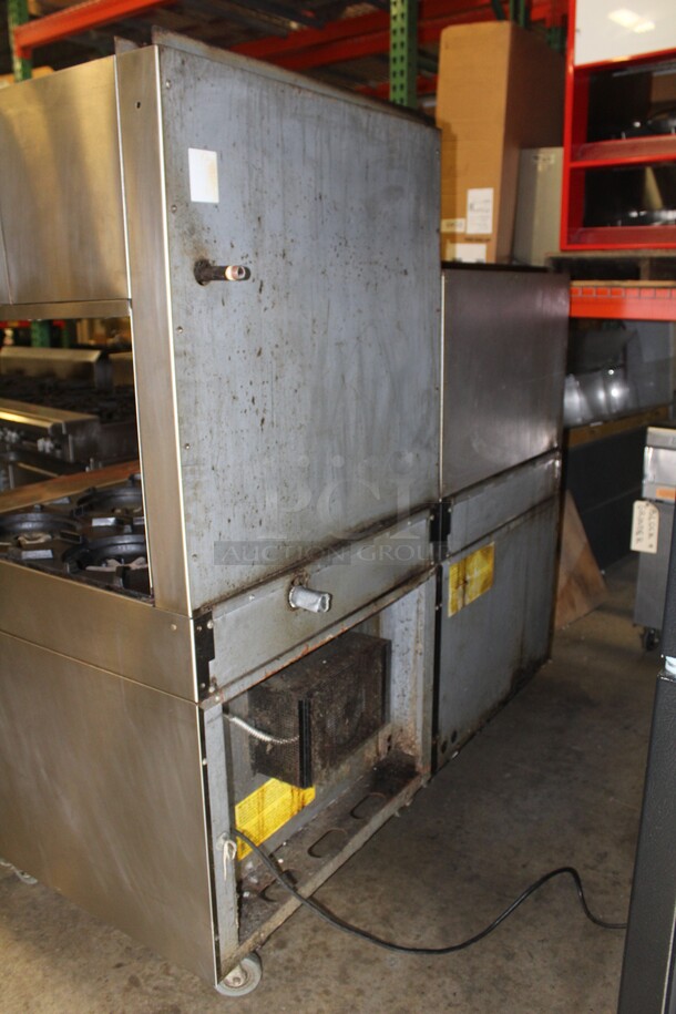 AMAZING! Garland Model M43RC Commercial Stainless Steel Natural Gas 10 Burner Range With Double Ovens (1 CONVECTION), And Salamander/Broiler/Cheese Melter  On Commercial Casters. 68x34x68  - Image 9 of 11