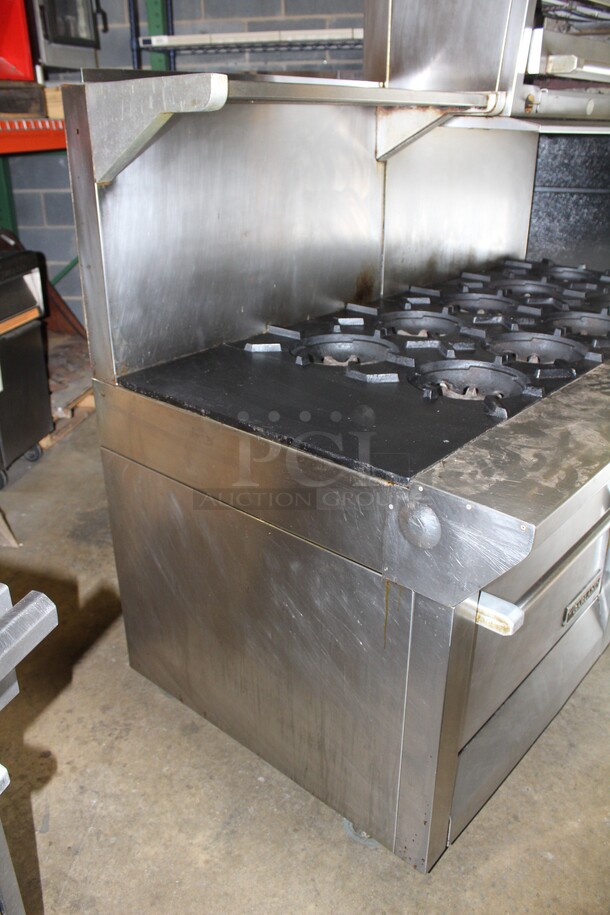 AMAZING! Garland Model M43RC Commercial Stainless Steel Natural Gas 10 Burner Range With Double Ovens (1 CONVECTION), And Salamander/Broiler/Cheese Melter  On Commercial Casters. 68x34x68  - Image 10 of 11