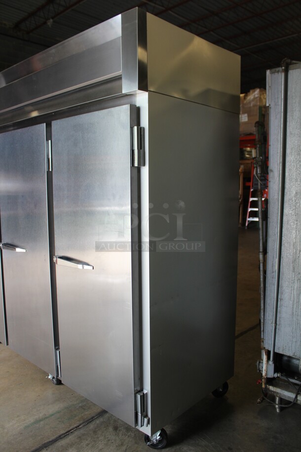 SUPER FIND! McCall Model 7-7070T Commercial Stainless Steel Triple Solid Door Reach In Refrigerator/Cooler On Commercial Casters. 83x34x84. 115V/60Hz. 1 Phase. Working When Pulled! - Image 6 of 8