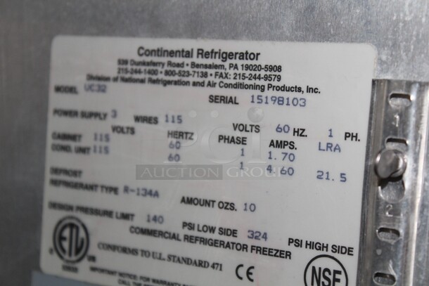 NICE! Continental Model UC32 Commercial Stainless Steel Single Door Undercounter Refrigerator/Cooler On Commercial Casters. 32x31x32. 115V/60Hz. Working When Pulled! - Image 3 of 6