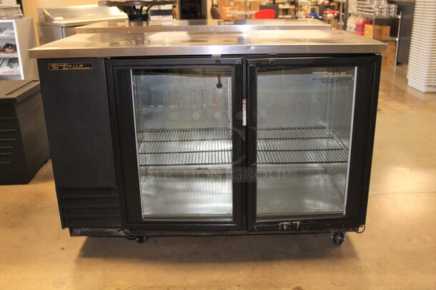 FANTASTIC! True Model TBB-2G Commercial Two Section Glass Door Bar Back Refrigerator/Cooler On Commercial Casters. 58.75x27.75x40.5. 115V/60Hz. Working When Pulled!