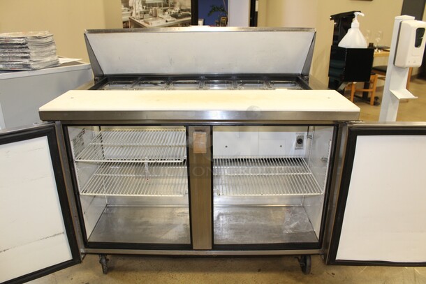 GREAT FIND! True Model TSSU-48-12 Commercial Stainless Steel Two Door Refrigerated Sandwich/Salad Prep Table On Commercial Casters With Commercial Plastic Inserts. 48x30.5x42.5. 115V/60Hz. Working When Pulled!  - Image 3 of 7