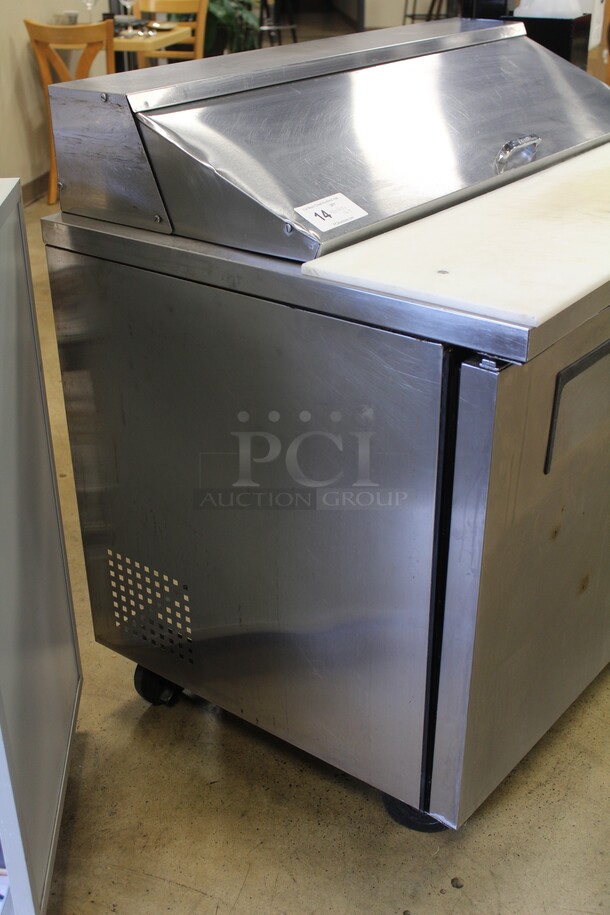 GREAT FIND! True Model TSSU-48-12 Commercial Stainless Steel Two Door Refrigerated Sandwich/Salad Prep Table On Commercial Casters With Commercial Plastic Inserts. 48x30.5x42.5. 115V/60Hz. Working When Pulled!  - Image 7 of 7