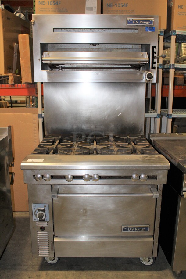 AWESOME! US Range Model C836-6RC Commercial Stainless Steel Natural Gas 6 Burner Range With CONVECTION Oven And Overhead Salamander/Broiler/Cheese Melter On Commercial Casters. 36x38x74
