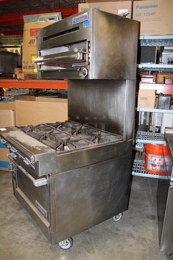 AWESOME! US Range Model C836-6RC Commercial Stainless Steel Natural Gas 6 Burner Range With CONVECTION Oven And Overhead Salamander/Broiler/Cheese Melter On Commercial Casters. 36x38x74 - Image 4 of 7