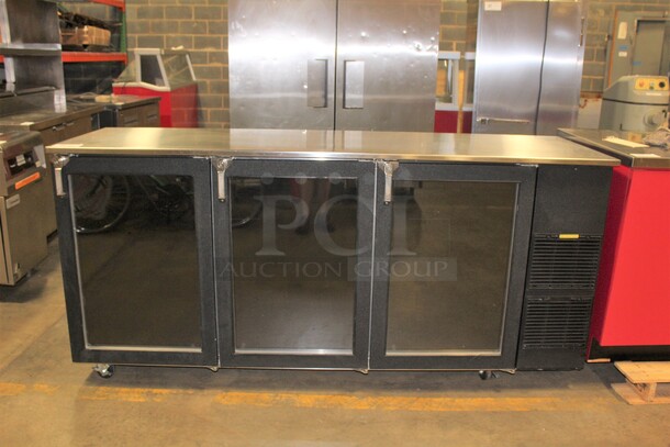 FANTASTIC! Glastender Model BB84-R6-GSH Commercial Three Section Glass Door Back Bar Refrigerator/Cooler On Commercial Casters. 84x25x40. 115V/60Hz. Working When Pulled!