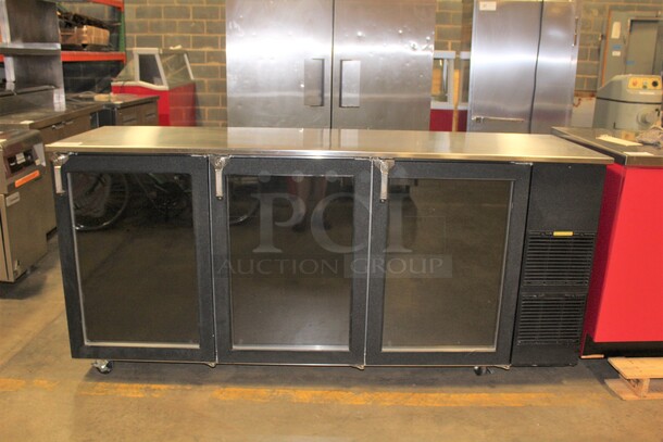 FANTASTIC! Glastender Model BB84-R6-GSH Commercial Three Section Glass Door Back Bar Refrigerator/Cooler On Commercial Casters. 84x25x40. 115V/60Hz. Working When Pulled! - Image 1 of 11