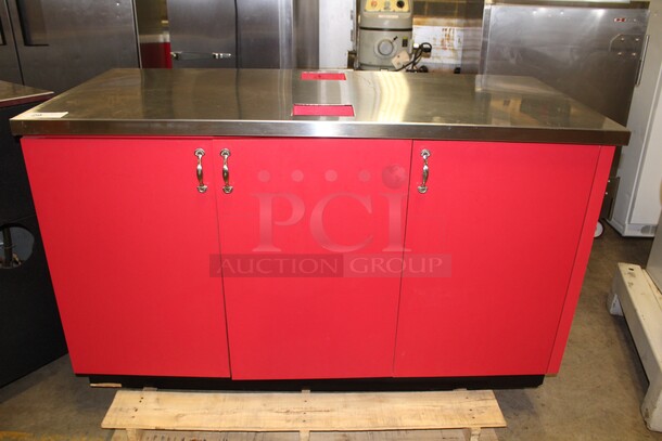 GOOD LOOKING! Red Three Door Open Back Cabinet With Stainless Steel Top With Trash Cutouts. 60x28x36