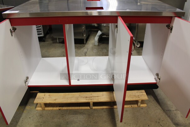 GOOD LOOKING! Red Three Door Open Back Cabinet With Stainless Steel Top With Trash Cutouts. 60x28x36 - Image 2 of 6