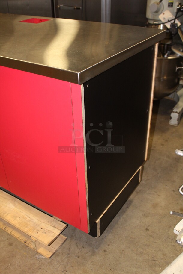 GOOD LOOKING! Red Three Door Open Back Cabinet With Stainless Steel Top With Trash Cutouts. 60x28x36 - Image 4 of 6