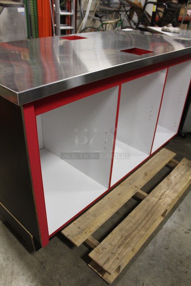 GOOD LOOKING! Red Three Door Open Back Cabinet With Stainless Steel Top With Trash Cutouts. 60x28x36 - Image 5 of 6