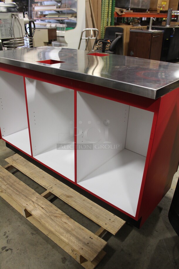 GOOD LOOKING! Red Three Door Open Back Cabinet With Stainless Steel Top With Trash Cutouts. 60x28x36 - Image 6 of 6