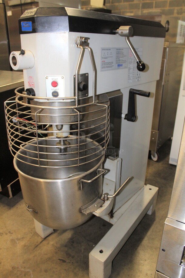 WOW! Titan Model GP1060 Commercial 60Qt. Planetary Mixer With Commercial Stainless Steel 60qt Bowl, Safety Cage And Whisk Attachment. 25x42.5x56. Hardwired. Working When Pulled!  - Image 5 of 9