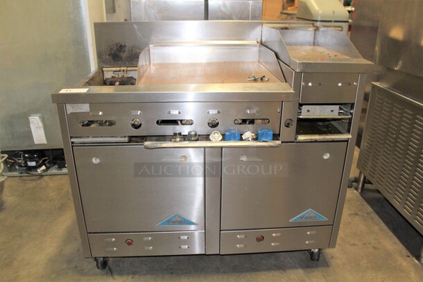 GREAT! Castle Commercial Stainless Steel Natural Gas Double Oven With Griddle, 2 Burners And Holding Station On Commercial Casters. 48x30x45 