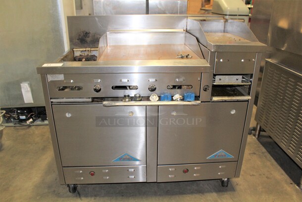GREAT! Castle Commercial Stainless Steel Natural Gas Double Oven With Griddle, 2 Burners And Holding Station On Commercial Casters. 48x30x45  - Image 1 of 10