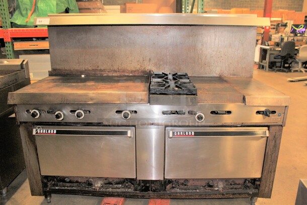 WOW! Garland Commercial Stainless Steel Natural Gas Double Oven With Two Burners And Griddle. 75x31x59