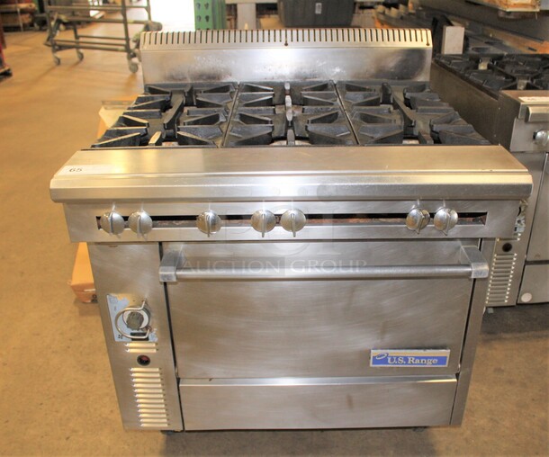 AMAZING! US Range Commercial Stainless Steel Natural Gas 6 Burner Range With Convection Oven On Commercial Casters. 36x38x42