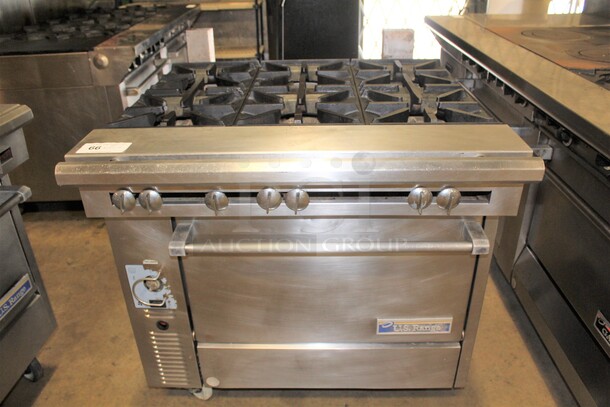 FANTASTIC! US Range Commercial Stainless Steel Natural Gas 6 Burner Range With Convection Oven On Commercial Casters. 36x38x40 - Image 1 of 6