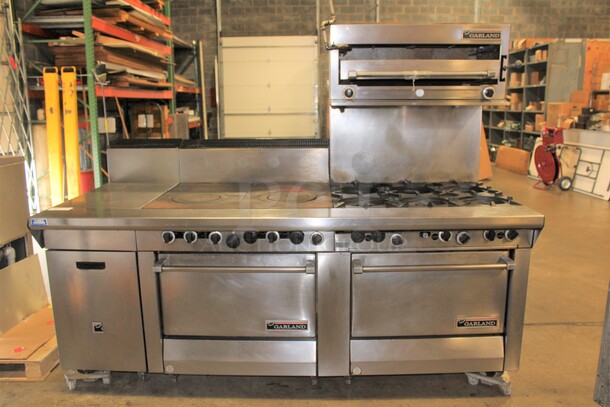 FABULOUS! Garland Commercial Stainless Steel Natural Gas 6 Burner Range With Double Ovens, Griddle And Salamander/Broiler/Cheese Melter. 85x38x67.5