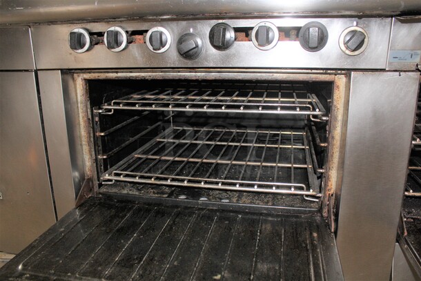 FABULOUS! Garland Commercial Stainless Steel Natural Gas 6 Burner Range With Double Ovens, Griddle And Salamander/Broiler/Cheese Melter. 85x38x67.5 - Image 3 of 11