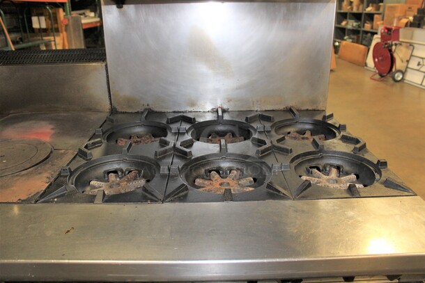 FABULOUS! Garland Commercial Stainless Steel Natural Gas 6 Burner Range With Double Ovens, Griddle And Salamander/Broiler/Cheese Melter. 85x38x67.5 - Image 4 of 11