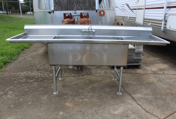 FABULOUS! Commercial Stainless Steel Two Compartment Sink With Double Drainboards And Faucet. 95.25x29.25x42.75