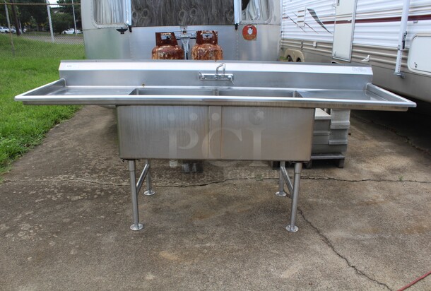 FABULOUS! Commercial Stainless Steel Two Compartment Sink With Double Drainboards And Faucet. 95.25x29.25x42.75 - Image 1 of 5