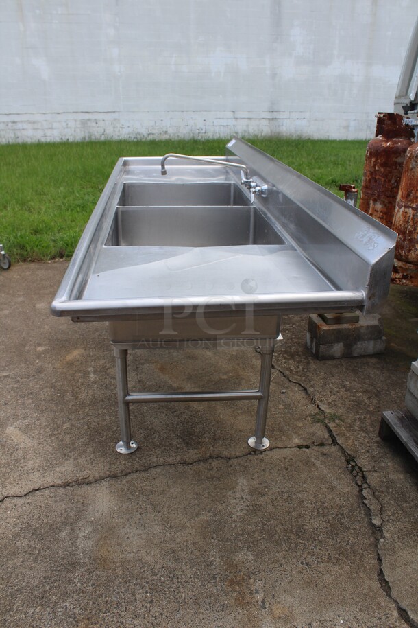 FABULOUS! Commercial Stainless Steel Two Compartment Sink With Double Drainboards And Faucet. 95.25x29.25x42.75 - Image 3 of 5