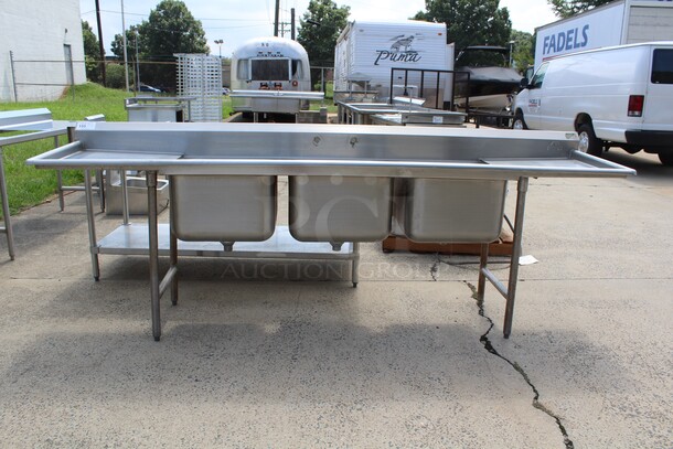 WOAH! Advance Tabco Commercial Stainless Steel 3 Compartment Sink With Double Drainboards. 114x26.5x41