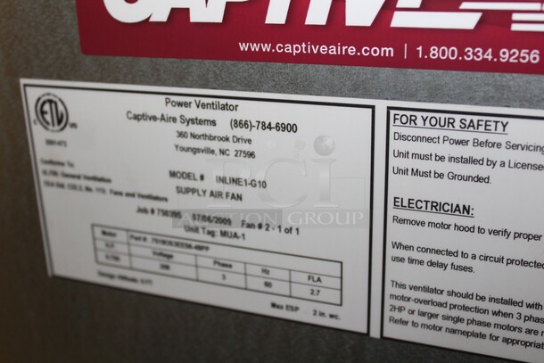 BRAND NEW! Captiveaire Model INLINE1-G10 Commercial Supply Air Fan. 32x26x30. 208V/60Hz. 3 Phase.  - Image 2 of 5