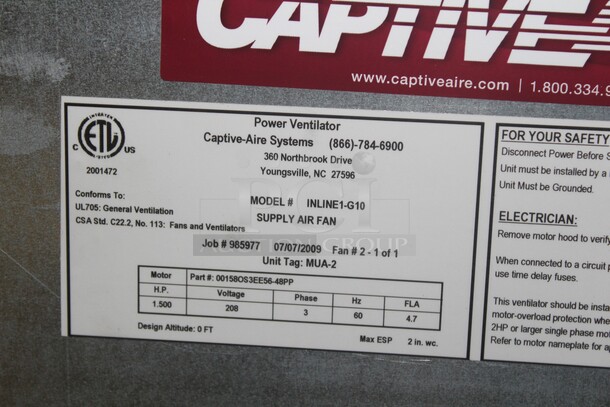 BRAND NEW! Captiveaire Model INLINE1-G10 Commercial Supply Air Fan. 32x26x30. 208V/60Hz. 3 Phase.  - Image 2 of 5