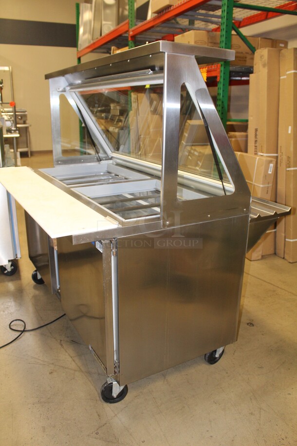 AWESOME! Beverage Air Model SPE60-24M-STL Commercial Stainless Steel Mega Top Sandwich/Salad Prep Refrigerator On Commercial Casters And Glass Top That Acts As Sneeze Guard When Open. 60x38.75x66.25 115V/60Hz. Working When Pulled!  - Image 5 of 12