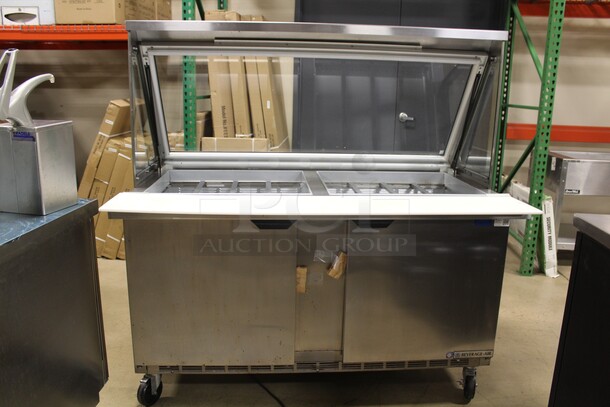 AWESOME! Beverage Air Model SPE60-24M-STL Commercial Stainless Steel Mega Top Sandwich/Salad Prep Refrigerator On Commercial Casters And Glass Top That Acts As Sneeze Guard When Open. 60x38.75x66.25 115V/60Hz. Working When Pulled!  - Image 6 of 12