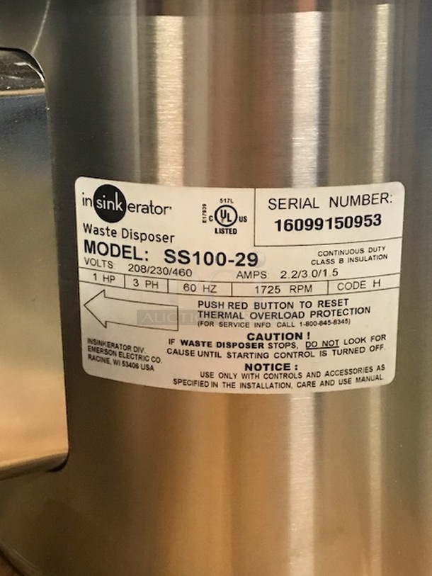 BRAND NEW IN BOX! Insinkerator Model SS100-29 Commercial Stainless Steel 1 HP Disposer. 13.25x13.25x17. 208/230/460V. 3 Phase.  - Image 2 of 4