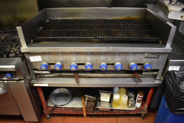 SWEET! Imperial Stainless Steel Commercial Countertop Propane Gas Powered Charbroiler on Stainless Steel Commercial Equipment Stand. Does Not Come w/ Contents. This Unit Will Be Professionally Uninstalled. 48x29x21, 48x31x27. Tested and Working!