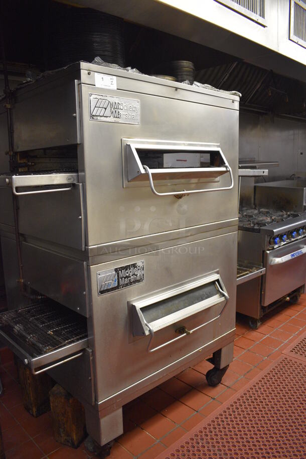 2 FANTASTIC! Middleby Marshall Stainless Steel Commercial Propane Gas Powered Conveyor Pizza Oven on Commercial Casters. This Unit Will Be Professionally Uninstalled. 68x44x71. 2 Times Your Bid! Tested and Working!