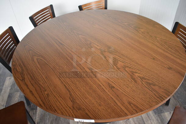 Wood Pattern Round Table on Black Metal Table Base. Stock Picture - Cosmetic Condition May Vary. 53.5x53.5x30 - Image 2 of 4