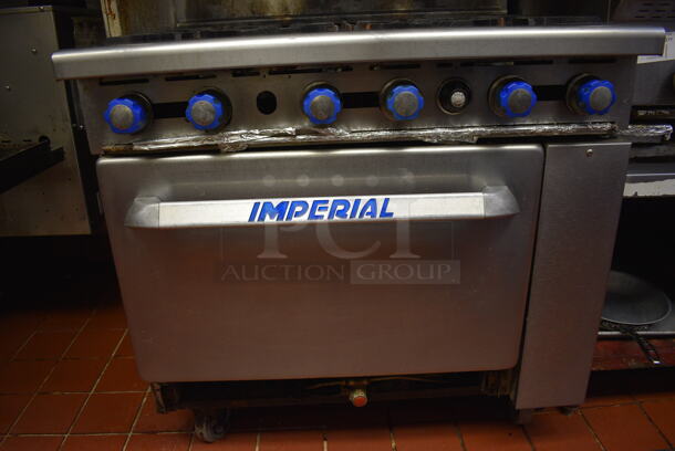BEAUTIFUL! Imperial Stainless Steel Commercial Propane Gas Powered 6 Burner Range w/ Lower Oven and Overshelf on Commercial Casters. This Unit Will Be Professionally Uninstalled. 36x32x57. Tested and Working! - Image 5 of 6